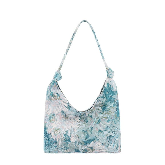 Holloyiver Large Capacity Canvas Hobo Bags for Women & Men, Shoulder Crossbody Bags, Tote Messenger Handbag for Work, Shopping, Travel (Chrysanthemum Print, Blue)