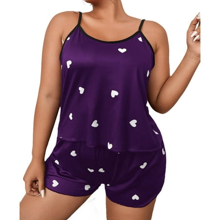 

Womens Plus Pajama Sets Contrast Binding Short Sets Loungewear Sleeveless Purple 4XL