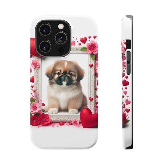DistinctInk Tough Case for Apple iPhone 14 Pro MAX (6.7" Screen), Compatible with MagSafe Charging - Valentine's Day Pekingese Puppy