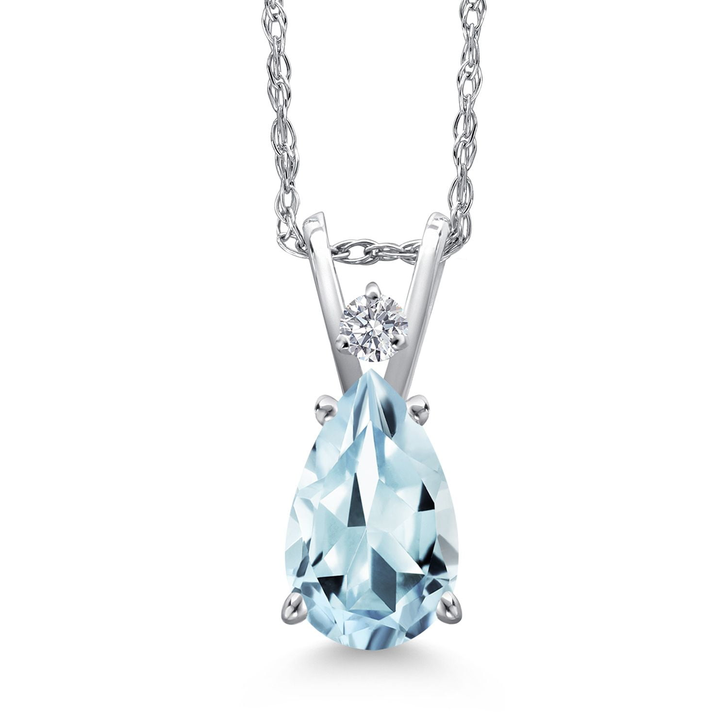 Gem Stone King 14K White Gold Sky Blue Aquamarine and Lab Grown Diamond Pendant Necklace for Women | 1.19 Cttw | Gemstone March Birthstone | Pear Shape 9X6MM | With 18 inch Chain