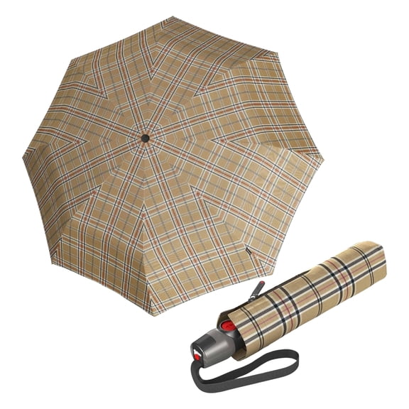 Knirps T.200 Duomatic Compact Rain Umbrella in Check Beige – Wind Tunnel Tested to 93 mph, Aluminum Steel Fiberglass Frame, 38in Canopy, OEKO-TEX, High-Performance Automatic Travel Umbrellas