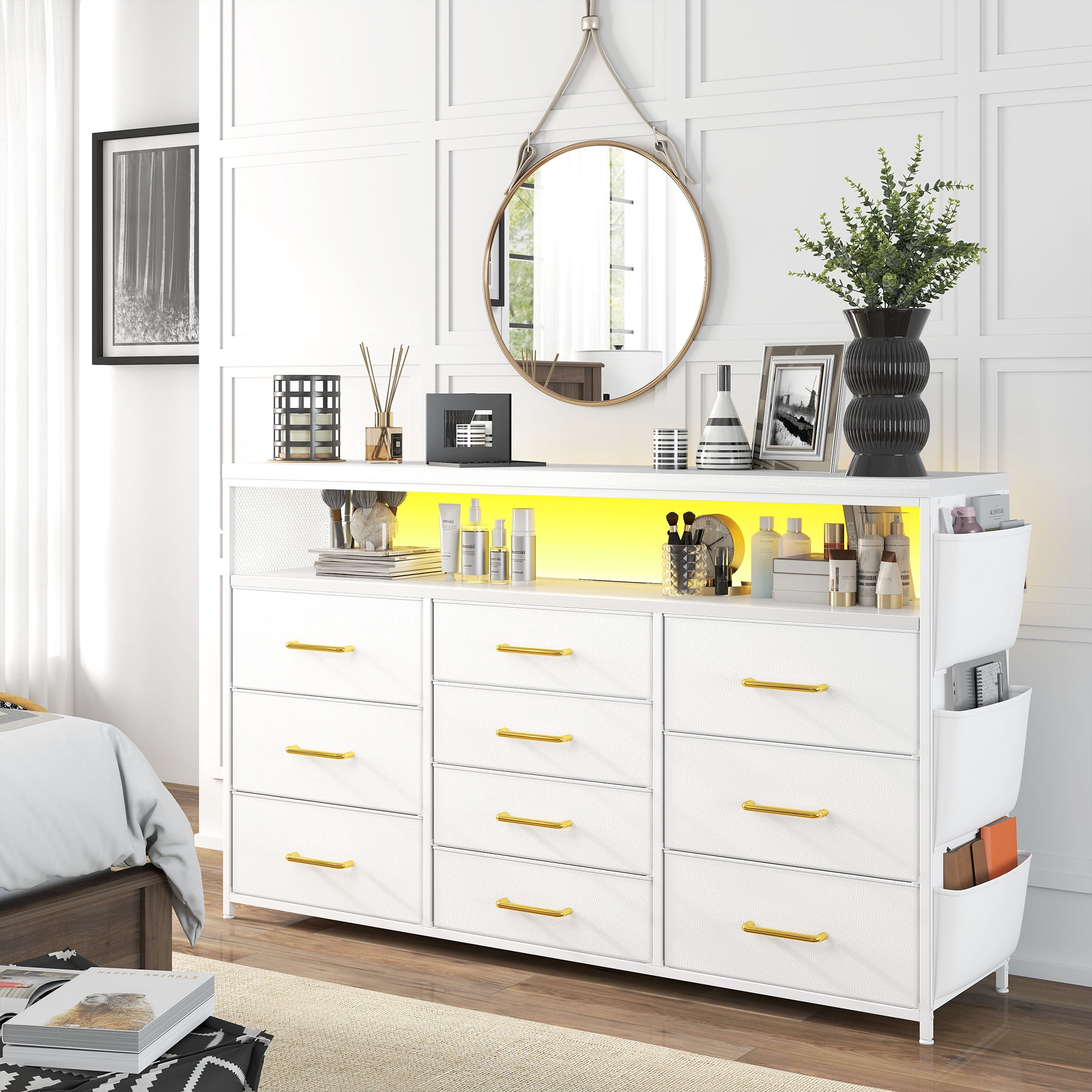 Romorgniz 10 Drawer Dresser,White Dressers for Bedroom TV Stand with Power Outlets & LED Lights & Entertainment Center,Chest of Drawers with Shelves & Side Pockets & Hook Fabric