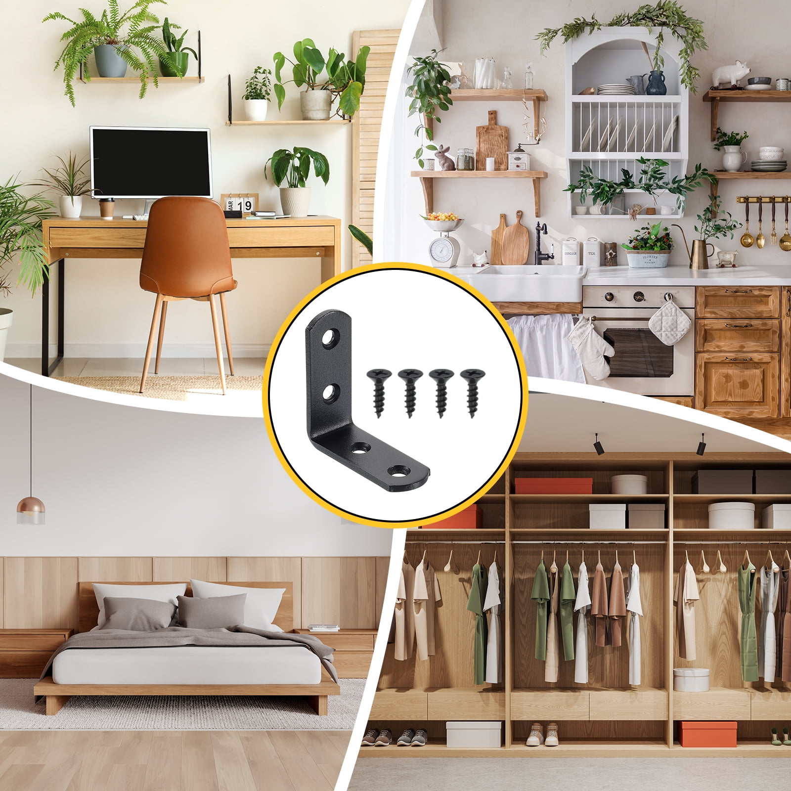 16Pcs L-Shaped Brackets Corner Brace, 1.97"x1.97"x0.79" Corner Bracket Shelf Bracket Right Angle Brackets for Wood Shelves Furniture (50x50x20mm, Black)