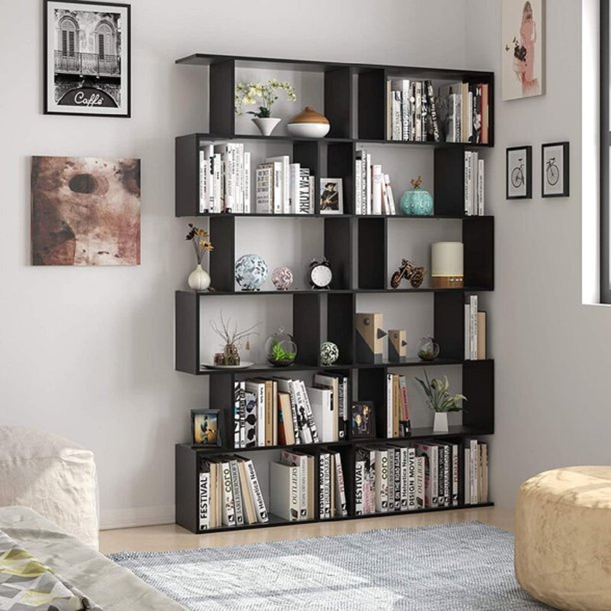 Homfa Geometric Bookcase Wooden Wood S Shape Storage Display Unit Bookcase Bookshelf 6-tier Storage, 75" H x 27.6" W, Black
