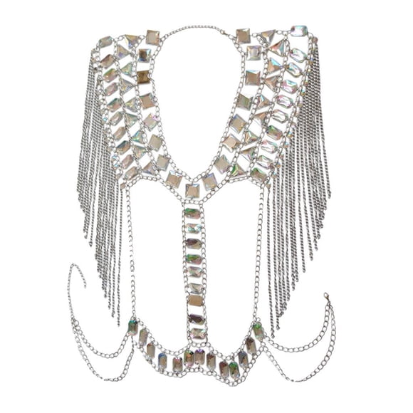 Collar de cadena para el cuerpo con borlas de cristal a la moda, arnés de bikini Schm Plata