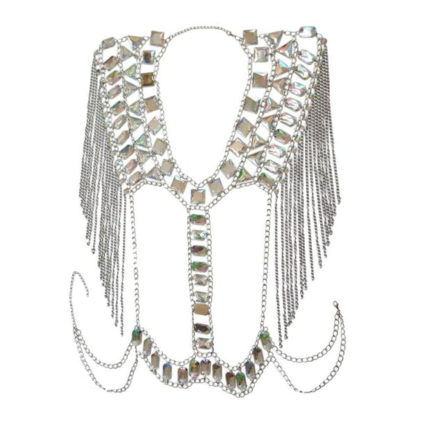 Collar de cadena para el cuerpo con borlas de cristal a la moda, arnés de bikini Schm Plata
