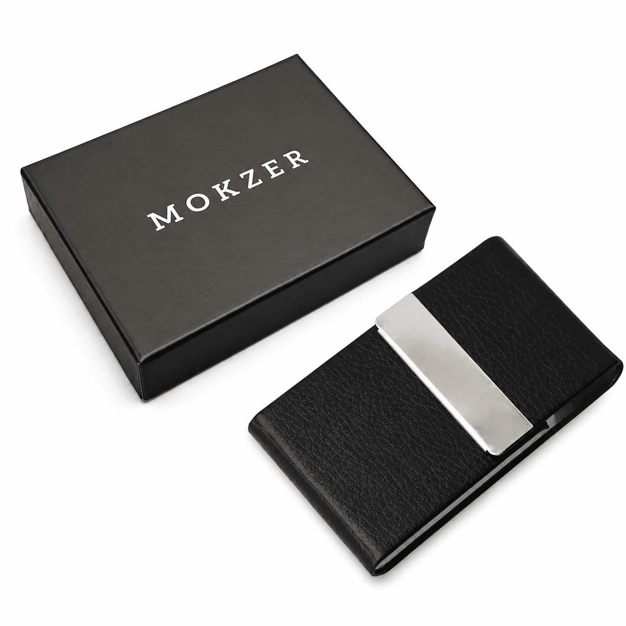 mokzer Business Card Holder, PU Leather & Stainless Steel Business Card Case for Men or Women, Slim Name Cards Holder RFID Blocking Credit Cards Carrier with Magnetic Closure,