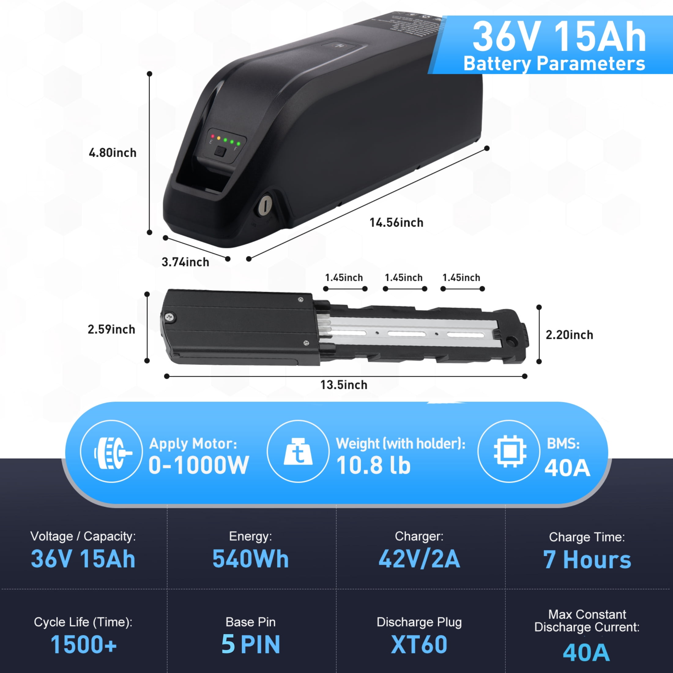5 Pins 36v 15ah Ebike Battery Bicycles Lithium Battery with Charger XT60 Plug
