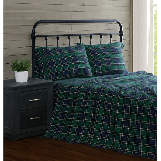 London Fog Black Watch Plaid Cotton Flannel 4 Piece Queen Sheet Set