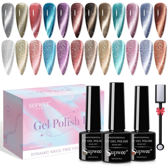 Set de esmalte de uñas en gel SUPWEE Reflective Cat Eye, 12 colores, 7 ml