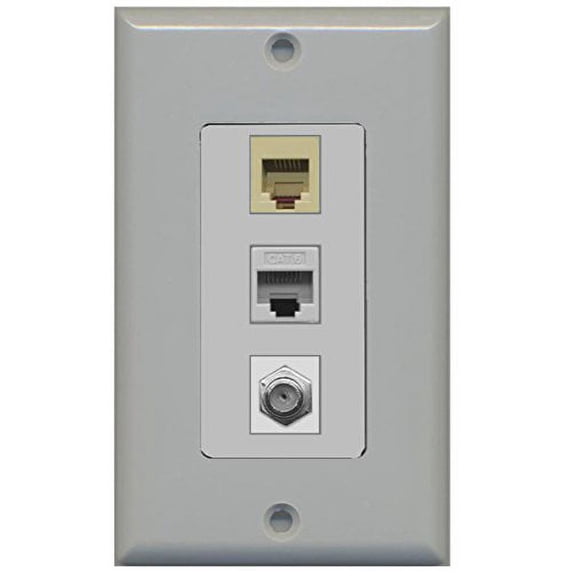 RiteAV - 1 Port Coax Cable TV- F-Type Phone RJ11 RJ12 Beige and Cat6 Ethernet Decorative Wall Plate - Gray