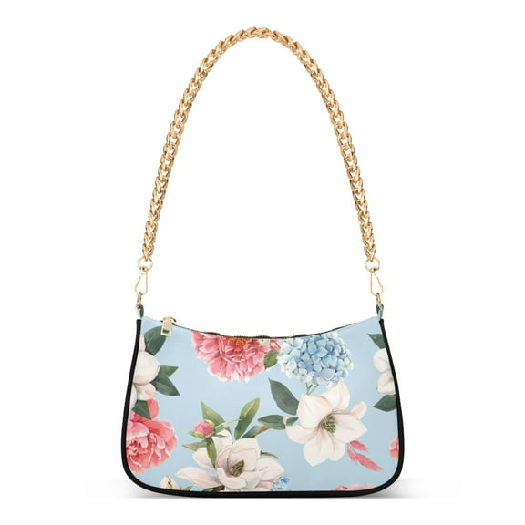 White Flowers Womens Chain Shoulder Bag Tote Handbag Clutch Hobo Purse with Zipper for Travel Casual