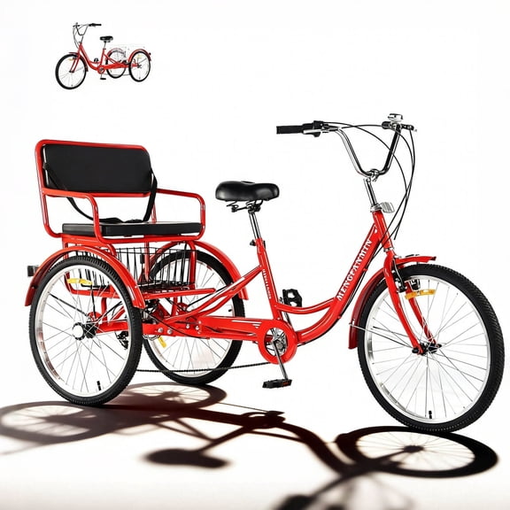 Adult Tricycle 7 Speed, 24 Inch 3 Wheel Bikes Extended Rear wheelbase Tricycle Wheel Bike with Rear Seat and Basket,for Women、Seniors Maximum Load 550lbs
