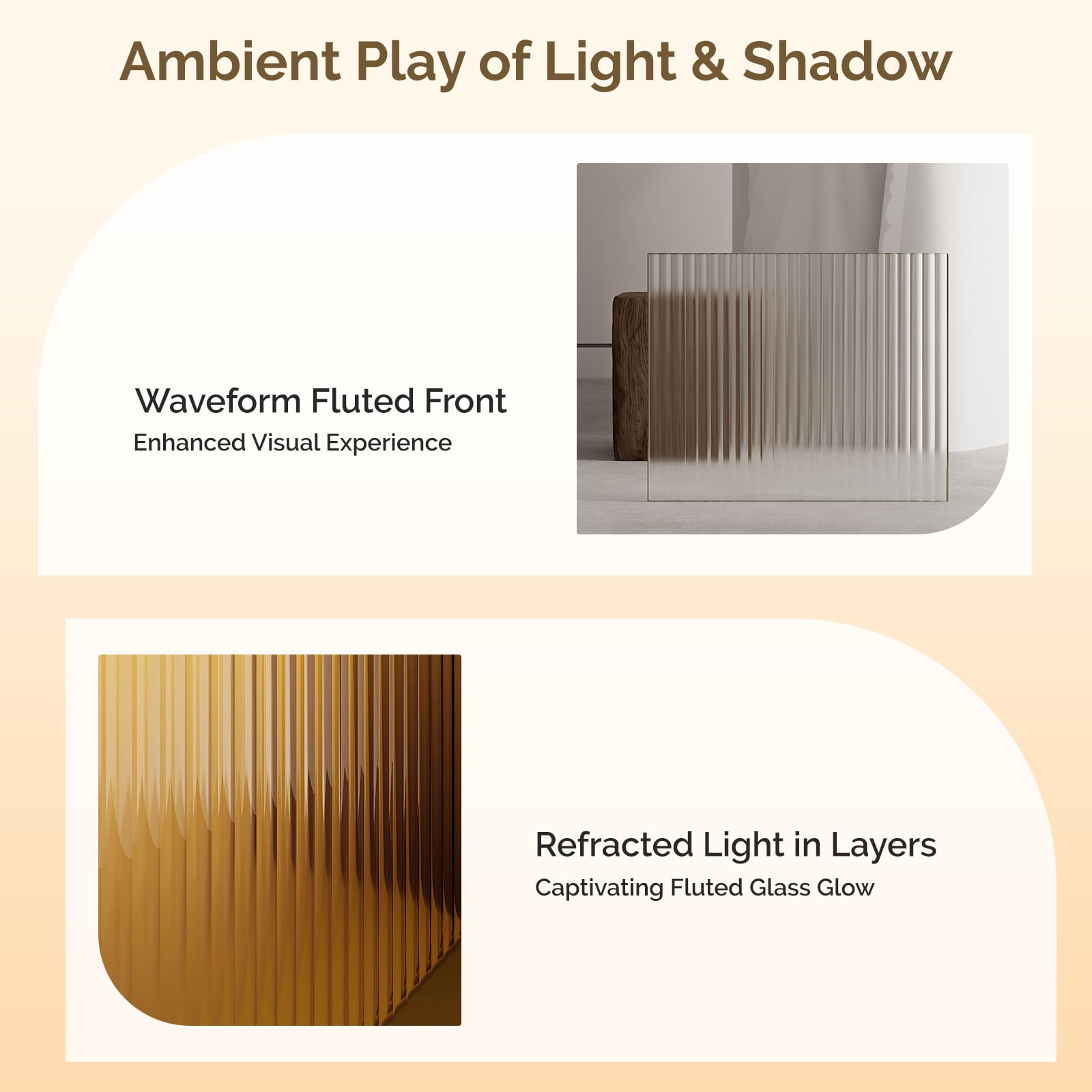 Astoutdoor 2-Drawer Bedside Table with Reeded Glass, Charging Socket, and 16-Color Light, Walnut, 15.75 x 13.74 x 24.6 in