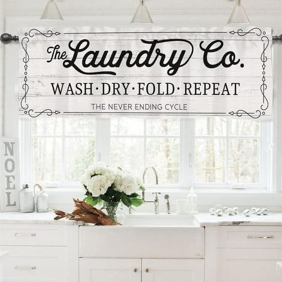 Laundry Room Wash Dry Fold Repeat Curtain Valance 54 x 18 Inches, Vintage Wooden Short Half Topper Curtains Window Treatments Rod Pocket, Farmhouse Home Living Room Bedroom Bathroom Decor