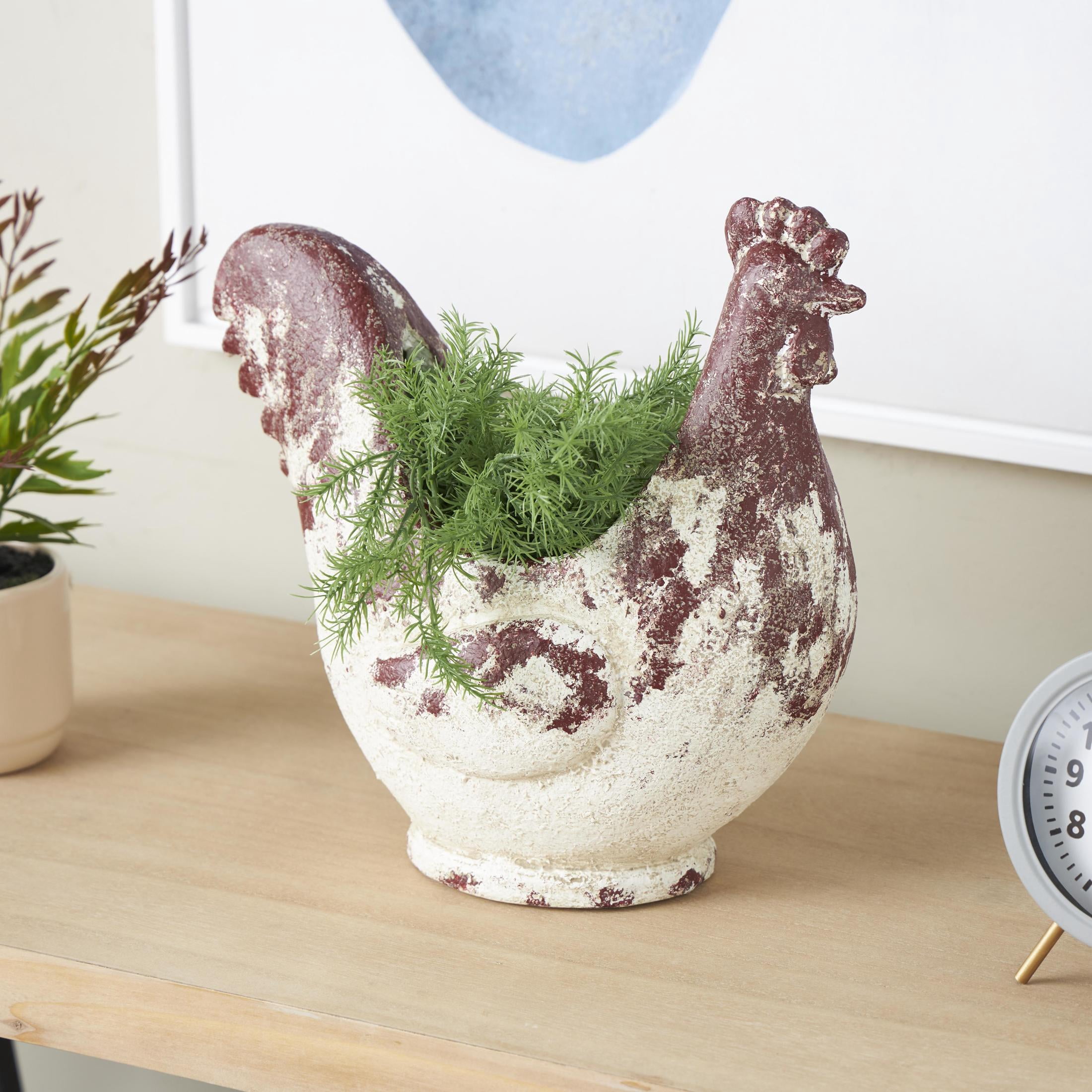 DecMode 14" x 14" White Magnesium Oxide Rooster Planter with Rust Colored Distressed Details