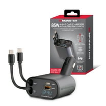 Monster 85W 4-in-1 Car Charger w/ Retractable 2.5ft USB-C Cables, 30W PD USB-C Port, 18W QC USB-A Port, Car Battery Health Display, 180° Adjustable Plug – Fast Charging for Smartphones & Tablets