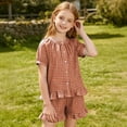 thumbnail image 6 of Amidoa Girls 2 Piece Outfits Summer Clothes Ruffle Sleeve Short Sleeve Cute T-Shirt and Shorts With Pockets Casual Kids Clothing Sets Brown Size 15, 6 of 8