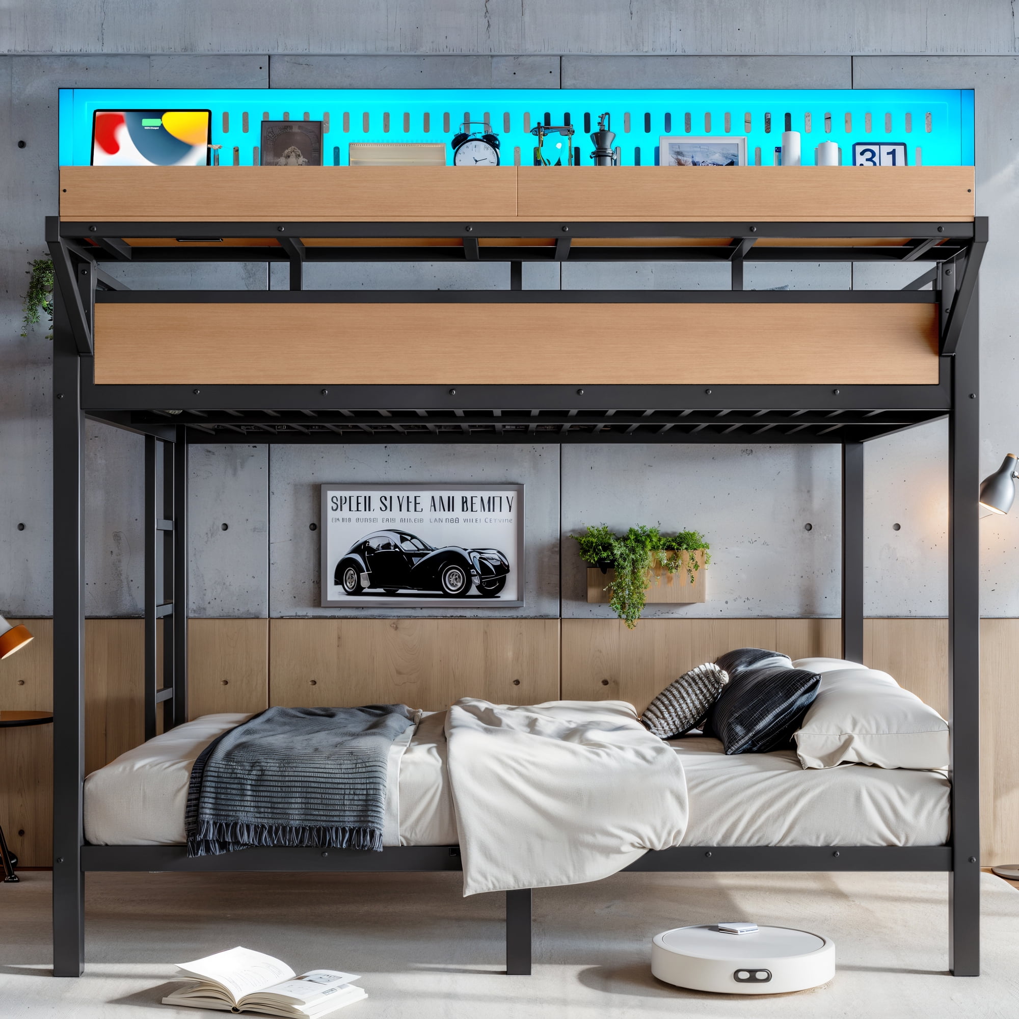 Leumius Queen over Queen Size Bunk Bed with Storage Shelves and Pegboard,Heavy Duty Metal Bunk Bed with USB Ports and LED Lights,Space-Saving,Natural