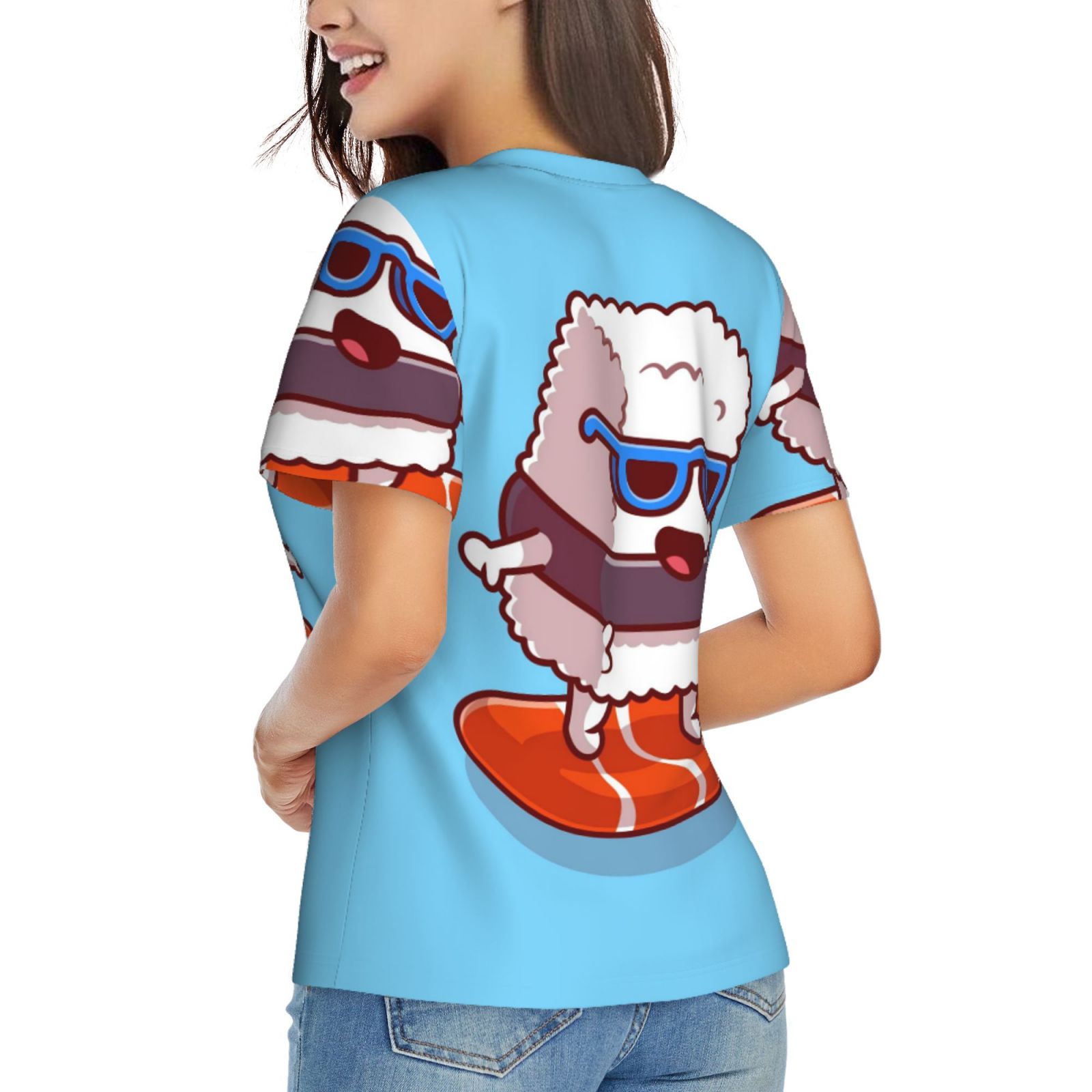 Xecao Sushi Salmon Surfing for Women's V-Neck T-Shirts-Elegant Half-Sleeve Tops Perfect for Summer-3X-Large