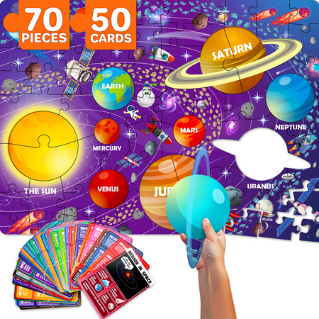 Quokka 70-Piece Solar System Jigsaw with 400+ Facts Cards Educational Toy for Kids