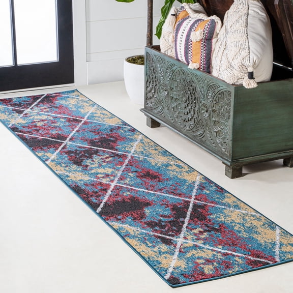 JONATHAN Y SUPERSOFT 2 x 10 Runner Rug, Cole Minimalist Diamond Trellis - Multi/White, SEU102J-210