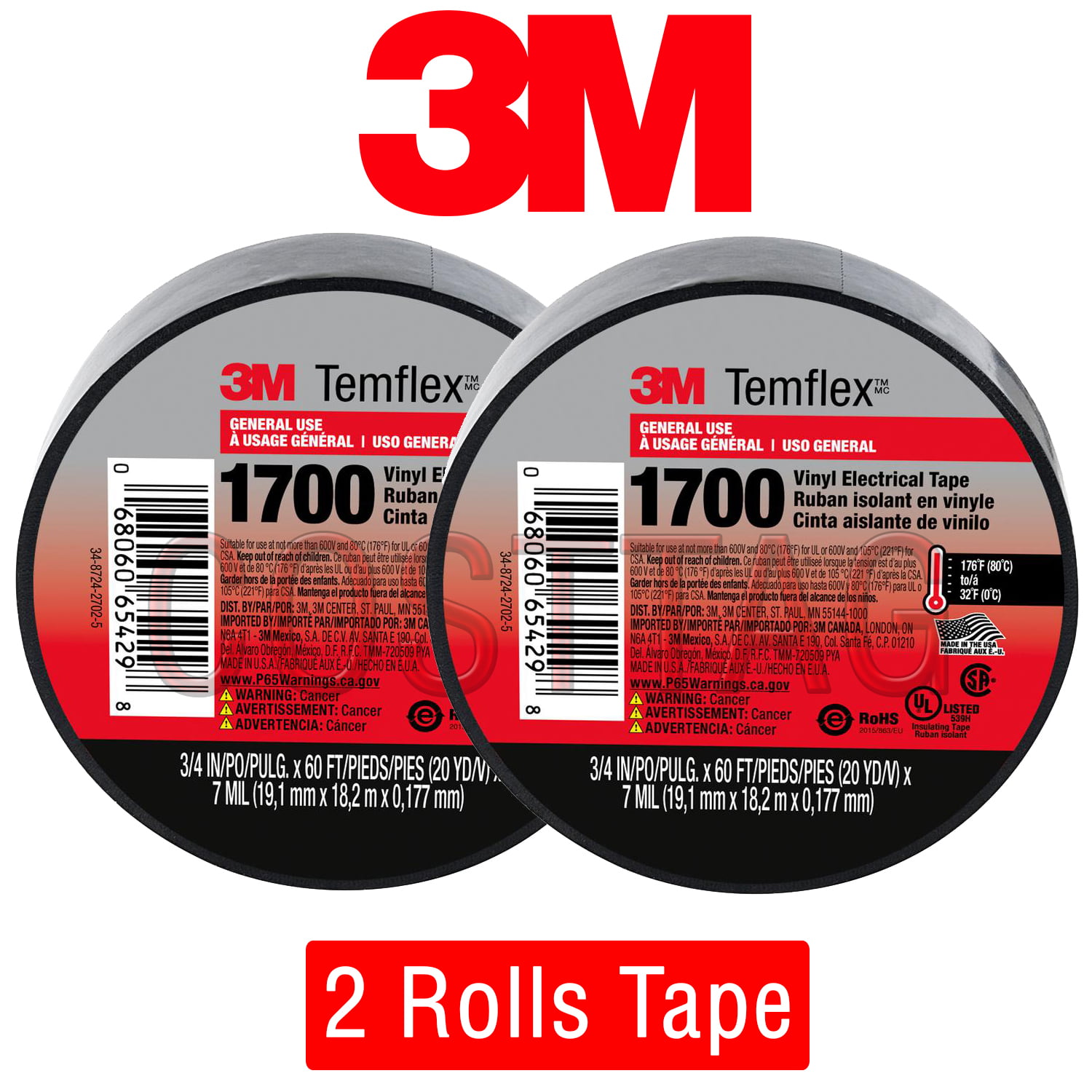3M TEMFLEX 1700 ELECTRICAL TAPE BLACK 3/4" x 60 FT INSULATED ELECTRIC 2 ROLLS 