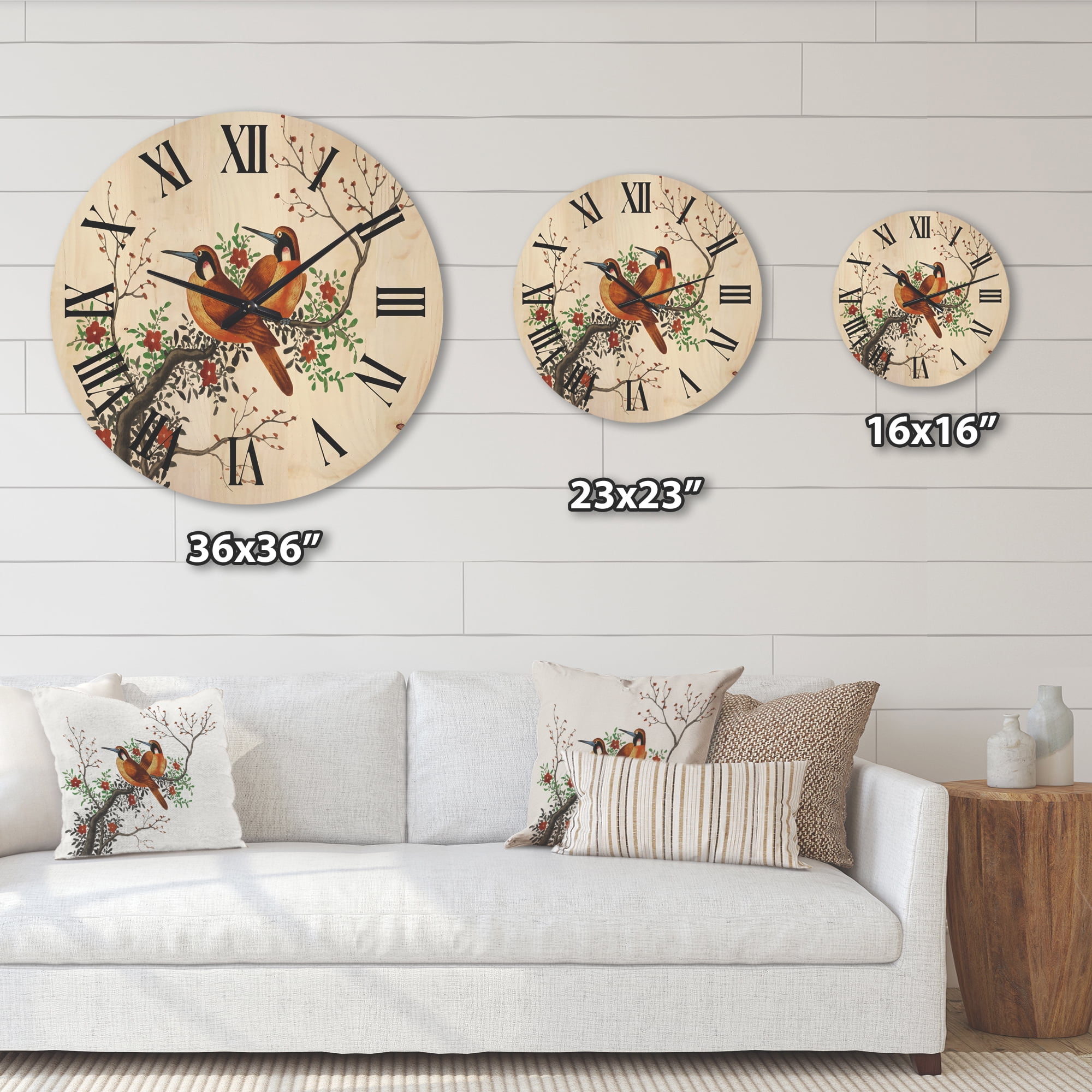 Designart 'A Flowering Tree Branch With Two Chinese Birds' Traditional Wood Wall Clock