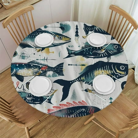 

Fish Fishing Pole Round Table Cover Stain Resistant Washable Indoor Outdoor Kitchen Dining Wedding Parties Picnic Farmhouse 100% Polyester Fiber 42-46