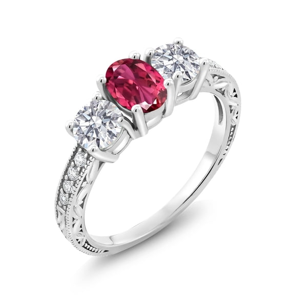 Gem Stone King 10K White Gold Pink Tourmaline and Lab Grown Diamond Engagement Ring for Women | 1.97 Cttw | Oval 7X5MM | Gemstone October Birthstone | Size 6