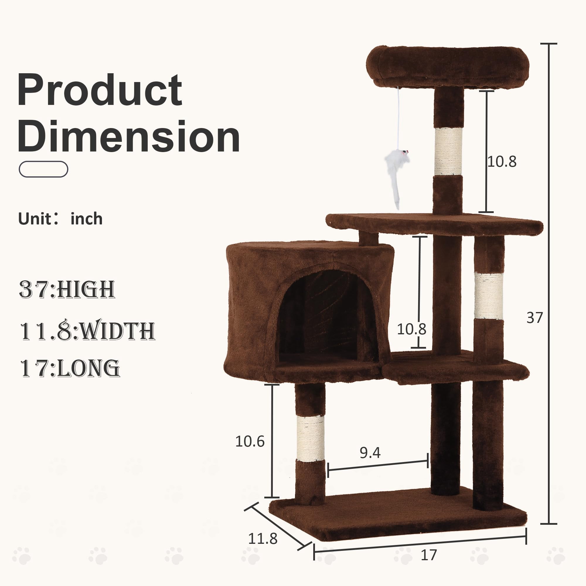 CL.HPAHKL 36 Inches Cat Tree Tower, Modern Cat Tower with Sisal Scratching Posts Small Cat House with Funny Toys Kittens Condo with Cozy Sleeping Perch for Indoor Cats, Kittens, Brown