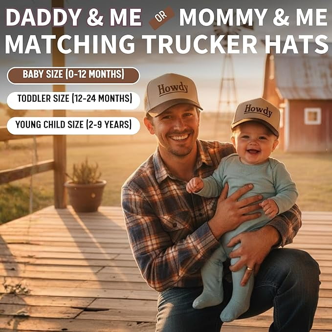 Funky Junque Matching Family Trucker Hat Set - Vintage Two-Tone Daddy & Me, Mommy & Me Snapback Baseball Caps - Howdy - Brown/Beige - Adult/Infant (0-12 Months)