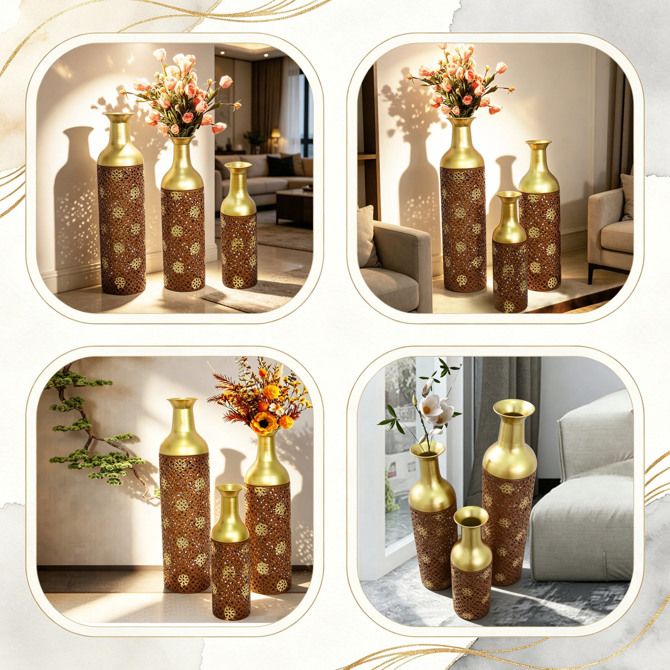 Noble House Set of 3 Decorative Metal Floor Vases, Floral Pattern Tall Vases for Home Decor, Rustic Brown+Gold
