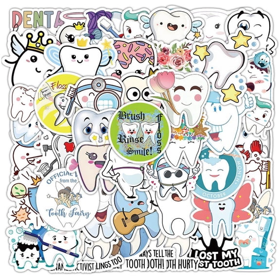 vlrwzc 50pcs Funny Cute Cartoon Tooth Stickers for Graffiti Decals Laptop Scrapbook Phone Luggage Car Decoration Waterproof Sticker Party Supplies