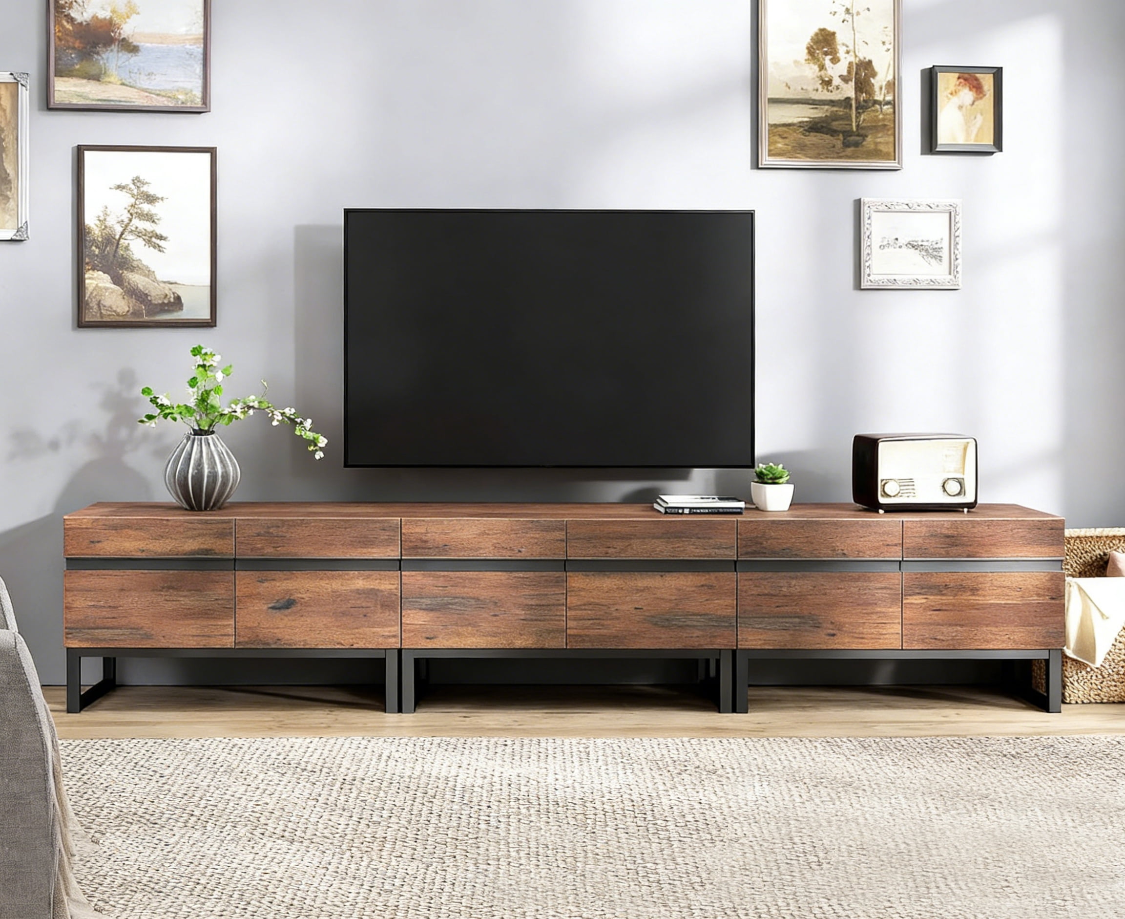WAMPAT 4-Piece Living Room Furniture Set, 106.2" TV Stand, 1 Square Tempered Glass Top Coffee Table, 2 End Tables with Drawers, Modern Entertainment Center Console Table，Brown