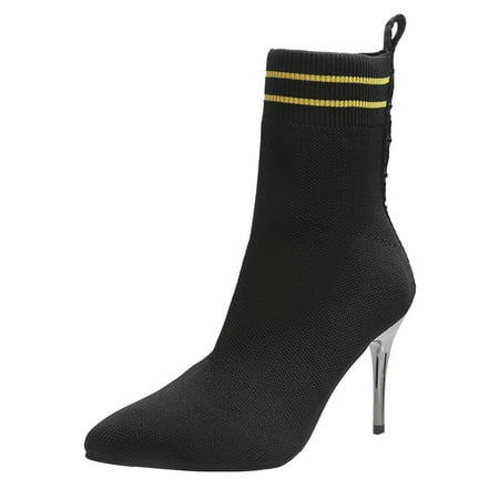 

Fesfesfes Wide Calf Boots For Women Pointed Toe Breathable High Heel Sleeve Knit Short Fashion 6.5(38)