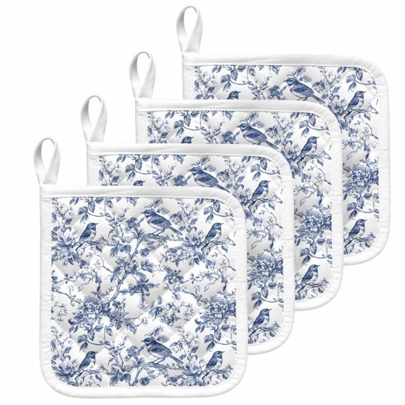 Blue Botanical Pot Holders for Kitchen Heatproof Potholder, 4 Pack Vintage Botanical Birds Hot Pads Multipurpose Oven Pads Cloth Potholders Trivet for Cooking and Baking