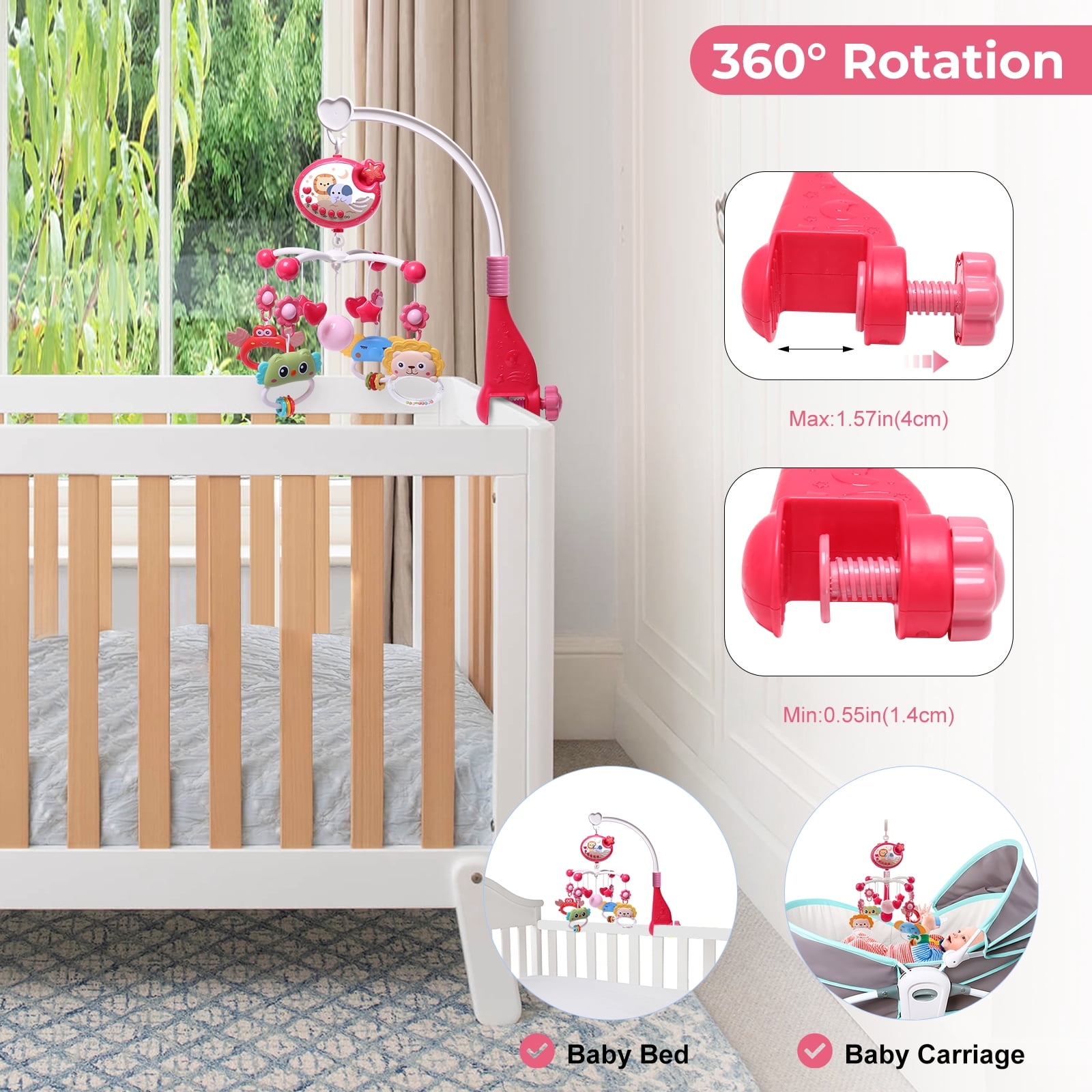 SUMWE Baby Mobile for Crib with Crib Toys Music and Lights for Pack and Paly Crib Musical Carousel Mobile Baby Mobile for Girls and Boys Portable Mobile for Baby Bassinet Toys Hanging - Red