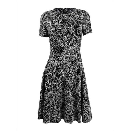 DKNY Women's Scribble Print Fit Flare Dress (6, Black/Ivory)