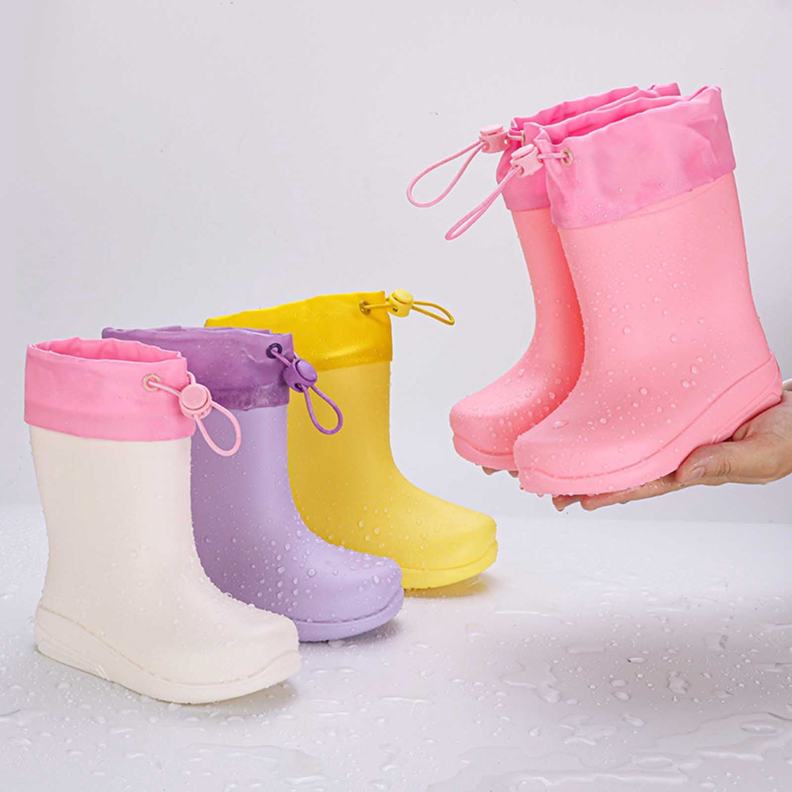 DHFJKG Kids Durable Rubber Rain Boots For Boys Girls Easy-On Non- Lightweight Mid Top Tube Color Block Waterproof Boots With Elastic Drawstring Rainy Season Outdoor Cozy Shoes