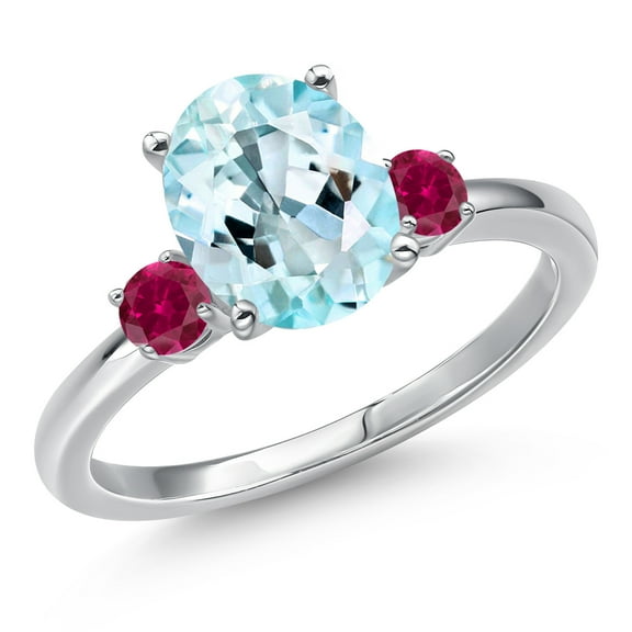 Gem Stone King 14K White Gold Sky Blue Topaz and Red Created Ruby Engagement Ring for Women | 3.28 Cttw | Oval 10X8MM | Gemstone November Birthstone | Size 7