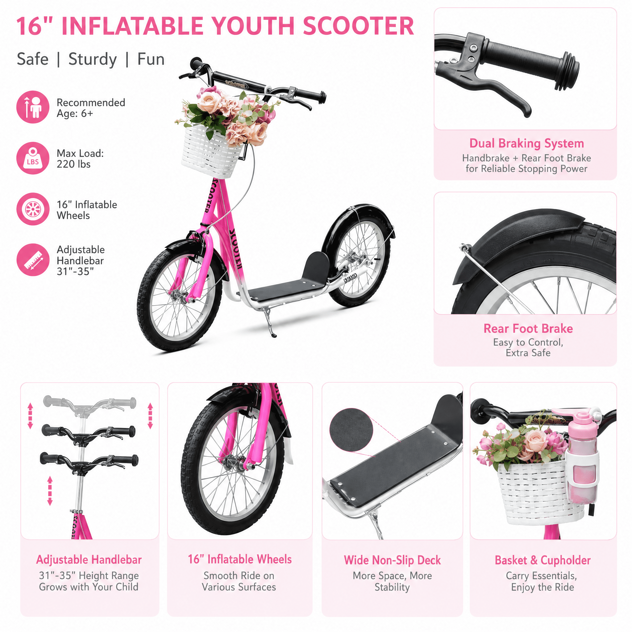 16" Inflatable Youth Scooter, Kick Scooter with Adjustable Handlebars, Double Brakes, Basket and Cupholder, Pink