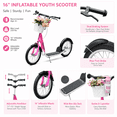 thumbnail image 7 of 16" Inflatable Youth Scooter, Kick Scooter with Adjustable Handlebars, Double Brakes, Basket and Cupholder, Pink, 7 of 7