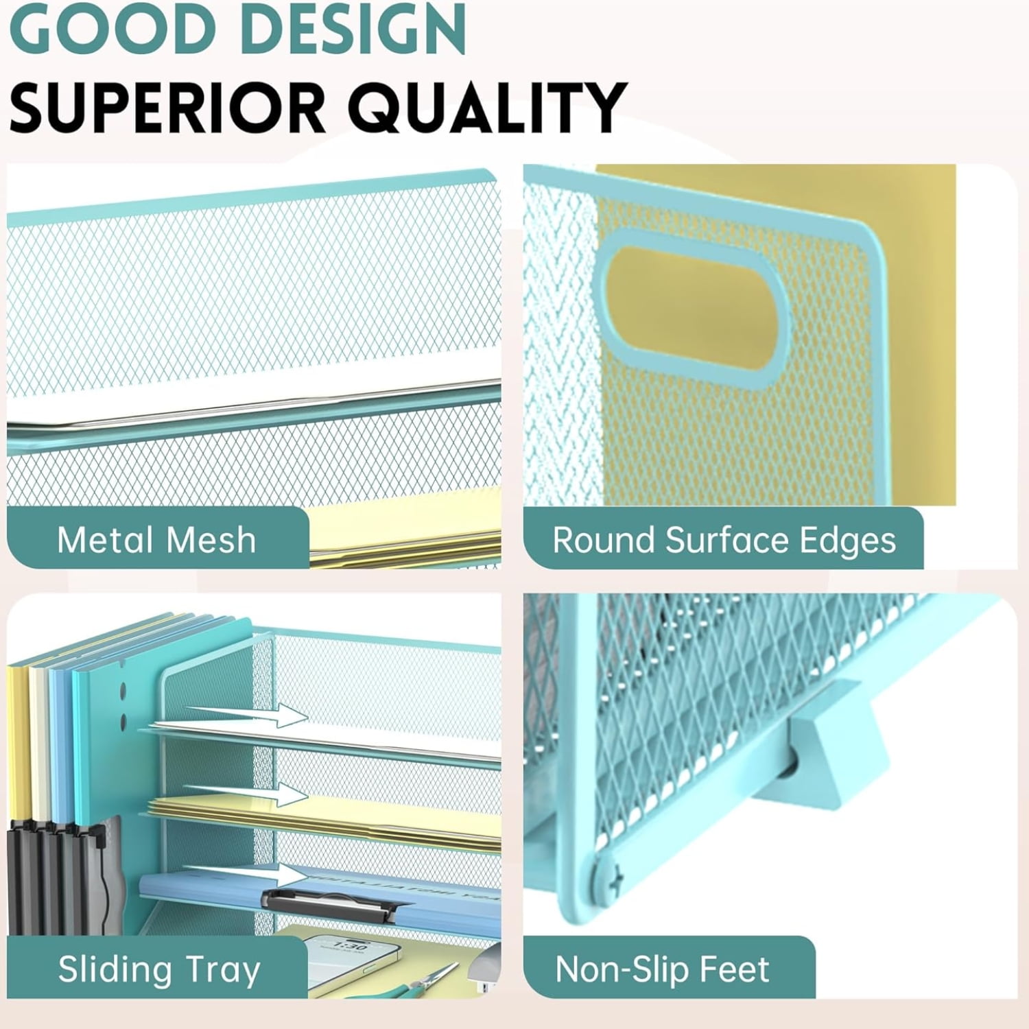 INTIGE Paper Organizer for Desk with 3 Pen Holders, 5-Tier Desk Organizer Tray with Handles, Metal File Organizer Storage