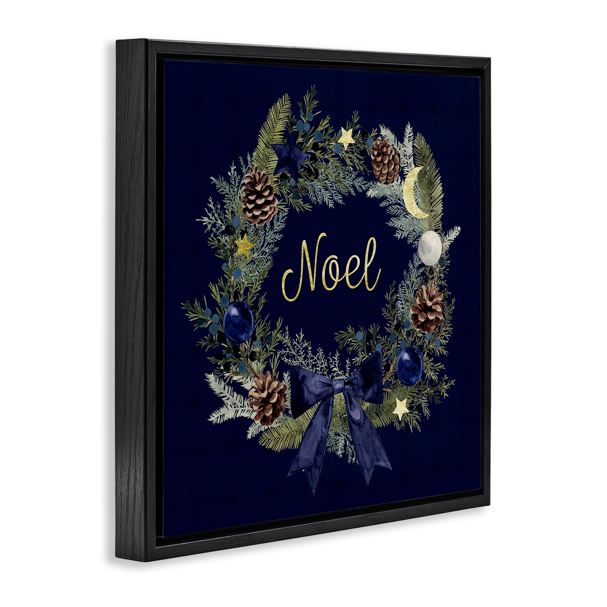 Stupell Industries Noel Holiday Wreath Holiday Painting Black Floater Framed Canvas Art Prints Wall Art, 25 x 25