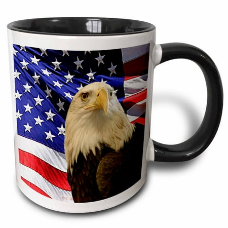 Bald Eagle Steel Mug - 3dRose Bald Eagle and American Flag - Two Tone Black Mug, 11-ounce