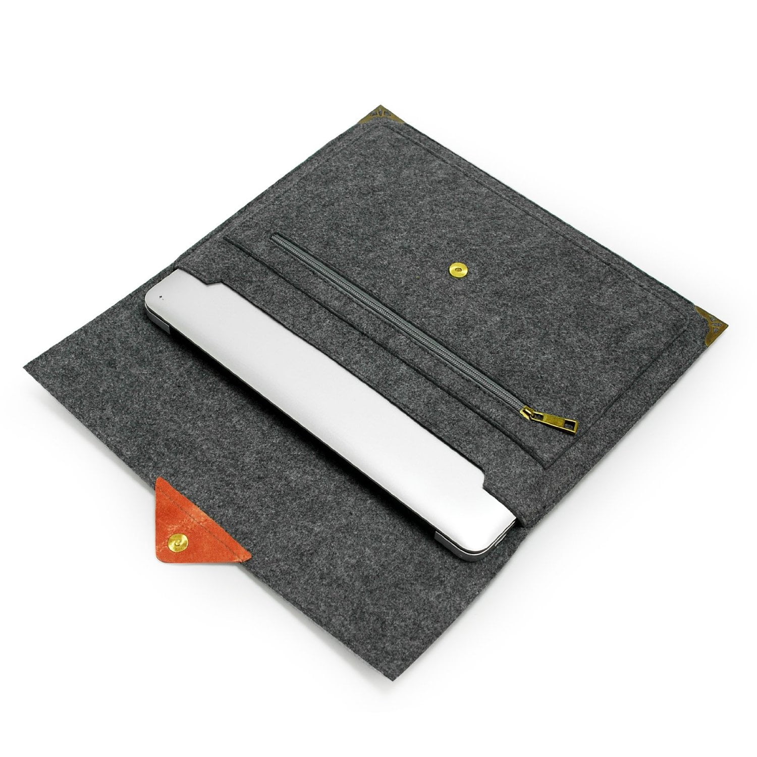 Lavievert Gray Felt Computer Bag, Laptop Case, Sleeve with Authentic Triangle Leather Flap and Copper Metal Corner for 13-13.3 Inch Laptops