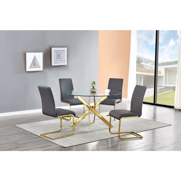 Alison 5-piece Modern Glass Top Dinette Set in Gray/Gold