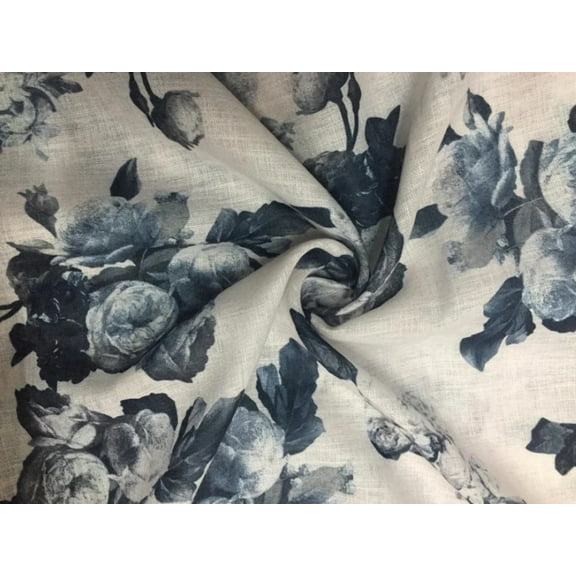 100% linen Beautiful Black Grey and White floral Print Fabric 58" wide [11670]
