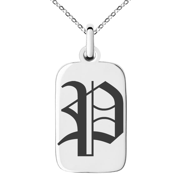 Stainless Steel Letter P Initial Old English Monogram Engraved Small Rectangle Dog Tag Charm Pendant Necklace